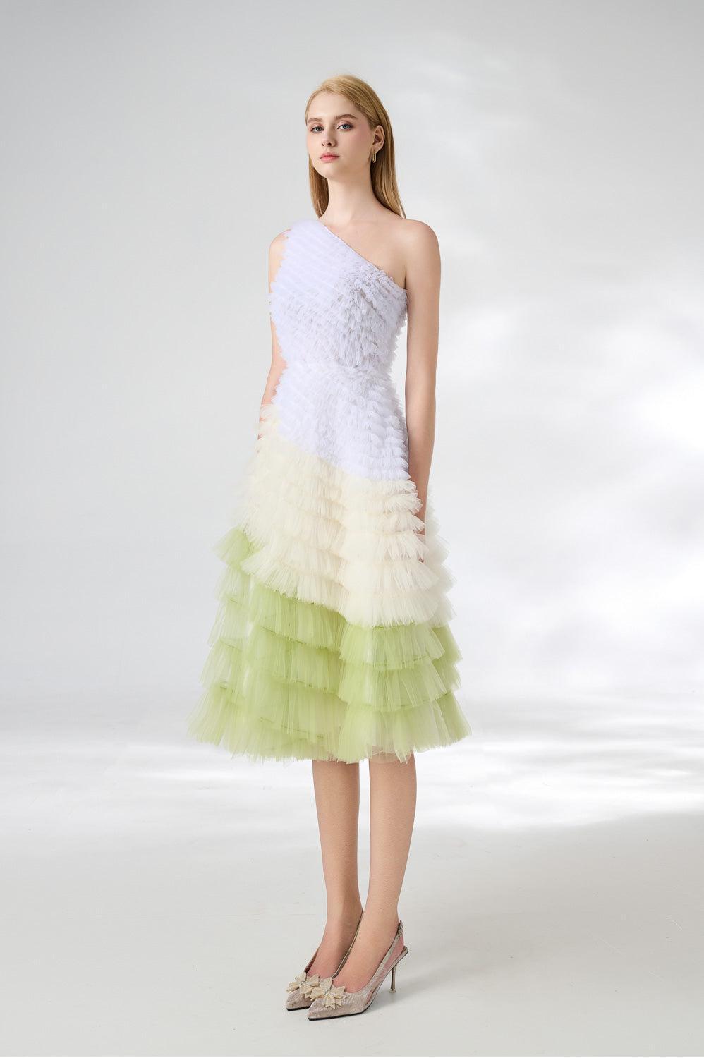 Murphy A-line One Shoulder Organza Below The Knee Dress - MEAN BLVD