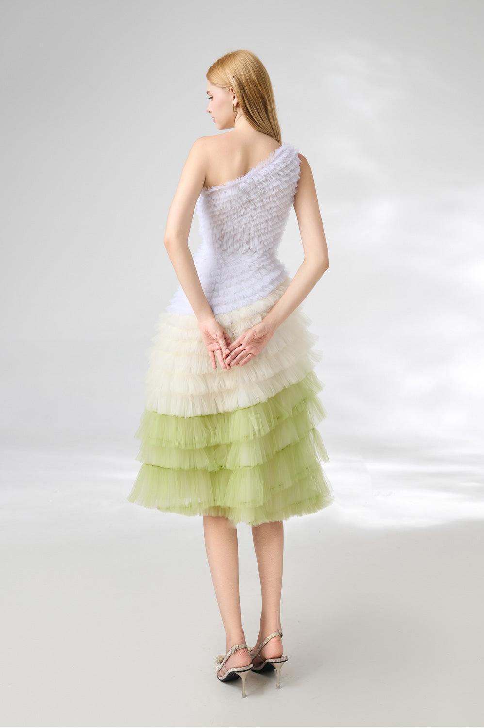 Murphy A-line One Shoulder Organza Below The Knee Dress - MEAN BLVD