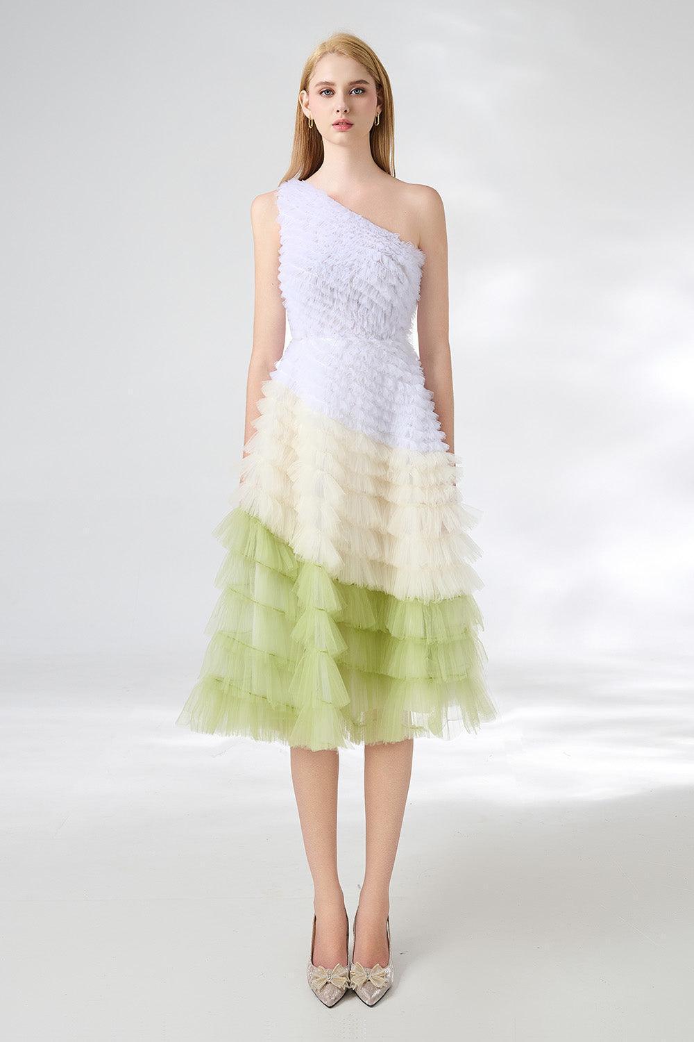 Murphy A-line One Shoulder Organza Below The Knee Dress - MEAN BLVD