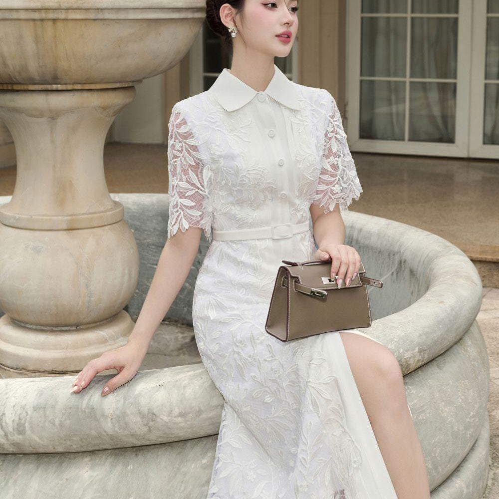 Muses A-line Short Sleeved Lace Midi Dress - MEAN BLVD