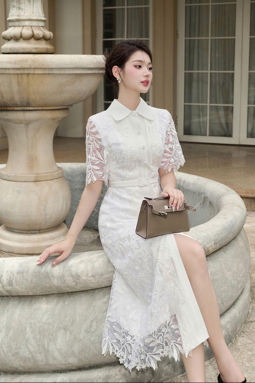 Women's Muses A-line Short Sleeved Lace Midi Dress S/M/L White Floral MEAN BLVD, S / White / Floral Women's Muses A-line Short Sleeved Lace Midi Dress S/M/L White Floral MEAN BLVD, S / White / Floral