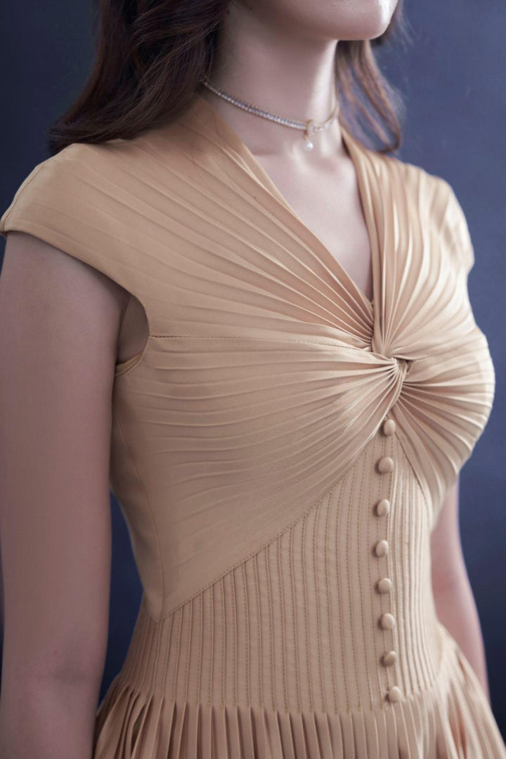 Mystara Pleated Twisted Silk Midi Dress - MEAN BLVD