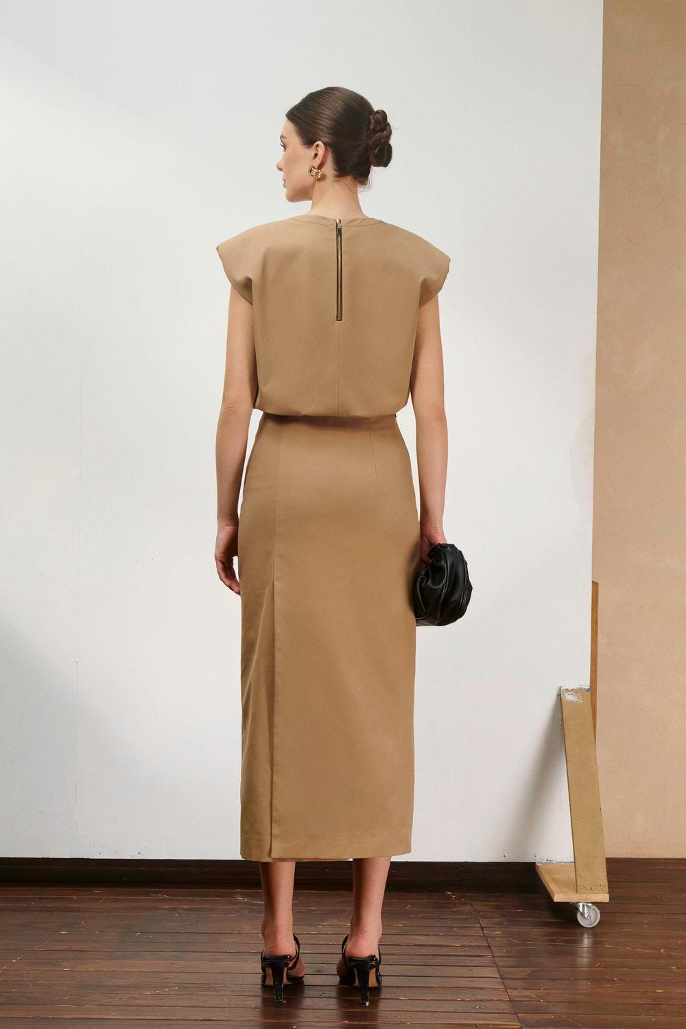 Naila Sheath Side Slit Khaki Midi Skirt - MEAN BLVD