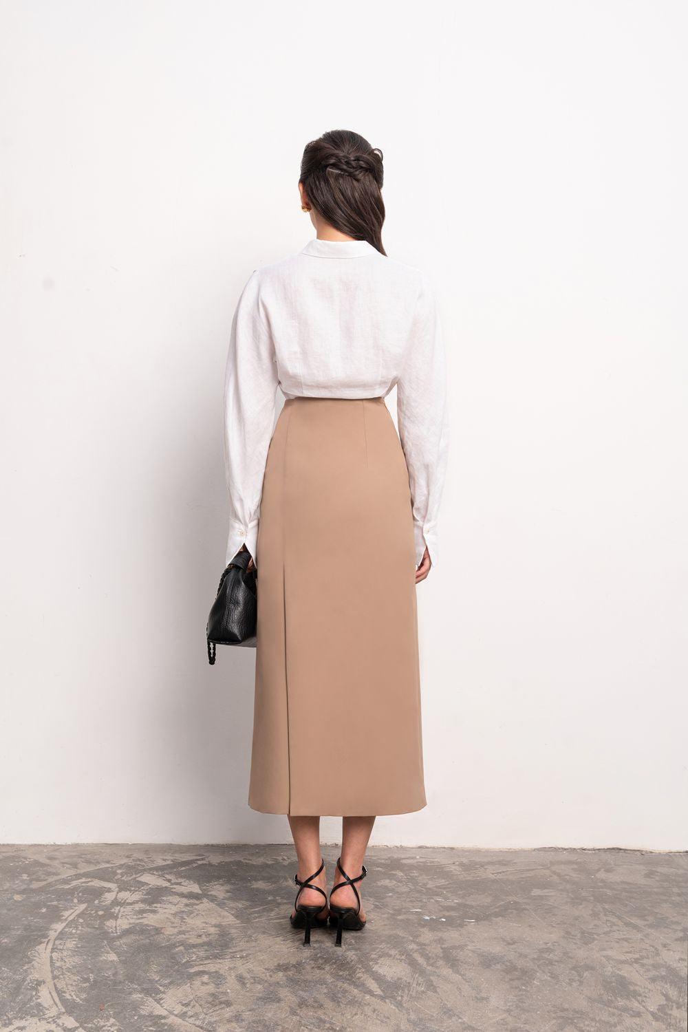 Naila Sheath Side Slit Khaki Midi Skirt - MEAN BLVD