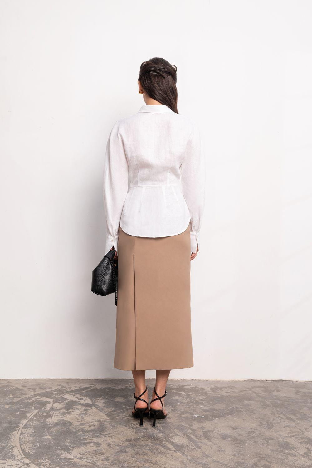 Naila Sheath Side Slit Khaki Midi Skirt - MEAN BLVD