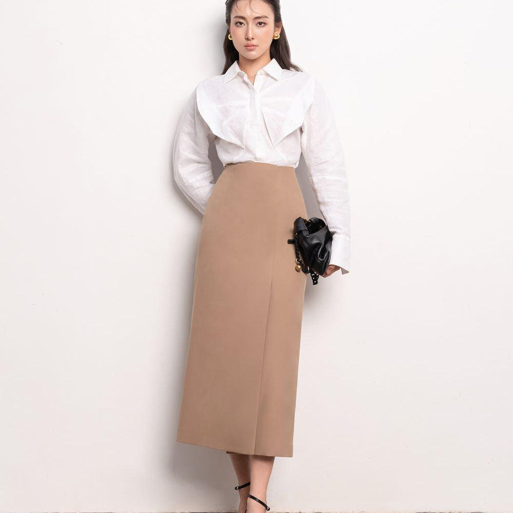 Naila Sheath Side Slit Khaki Midi Skirt - MEAN BLVD