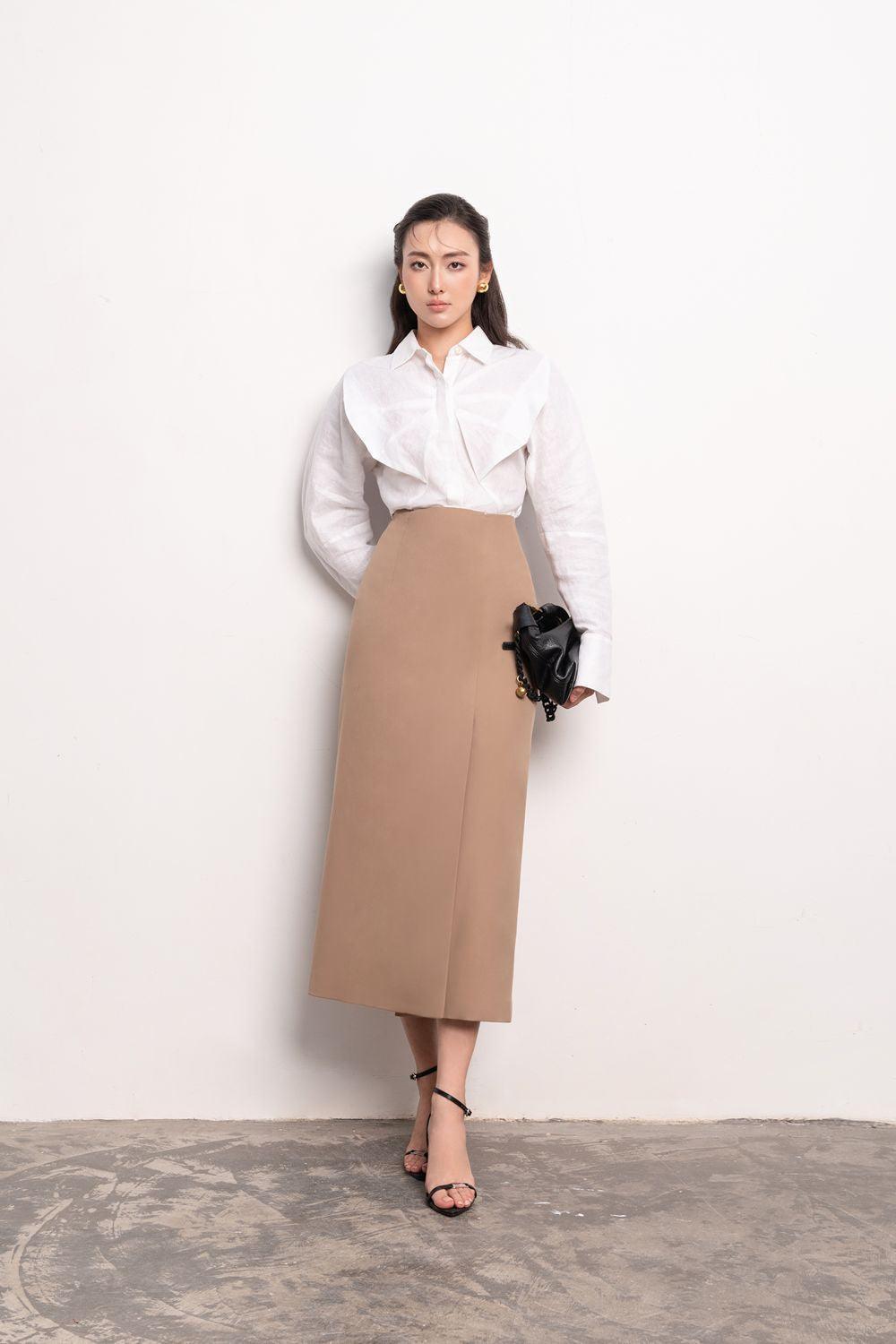 Naila Sheath Side Slit Khaki Midi Skirt - MEAN BLVD