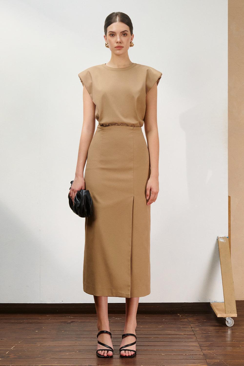 Naila Sheath Side Slit Khaki Midi Skirt - MEAN BLVD