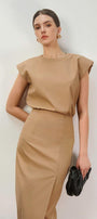 Naila Sheath Side Slit Khaki Midi Skirt - MEAN BLVD