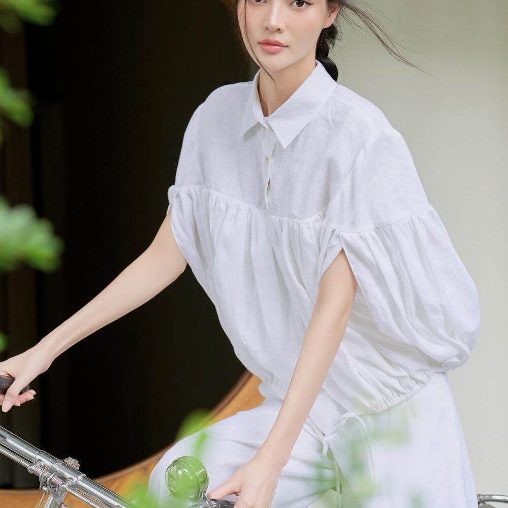 Nari Gathered Batwing Sleeved Linen Shirt - MEAN BLVD