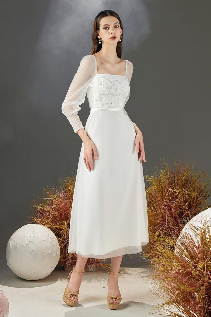 Women's Natalie A-line Square Neck Organza Midi Dress XS/S/M/L/XL White