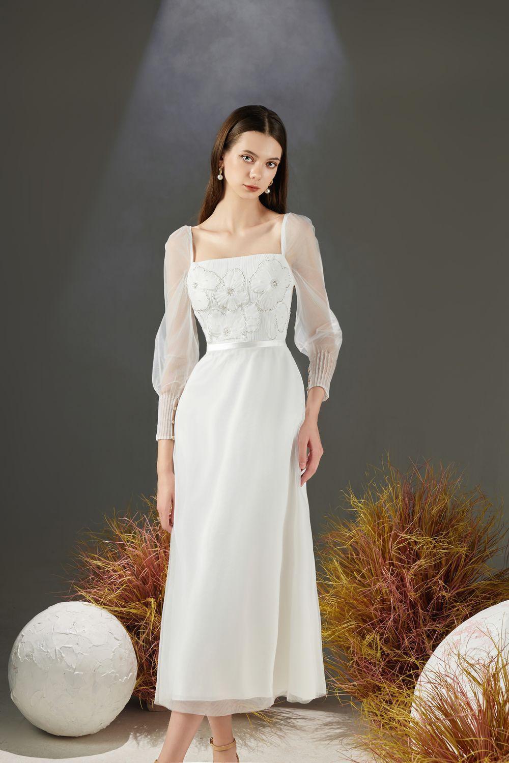 Women's Natalie A-line Square Neck Organza Midi Dress XS/S/M/L/XL White MEAN BLVD S / White