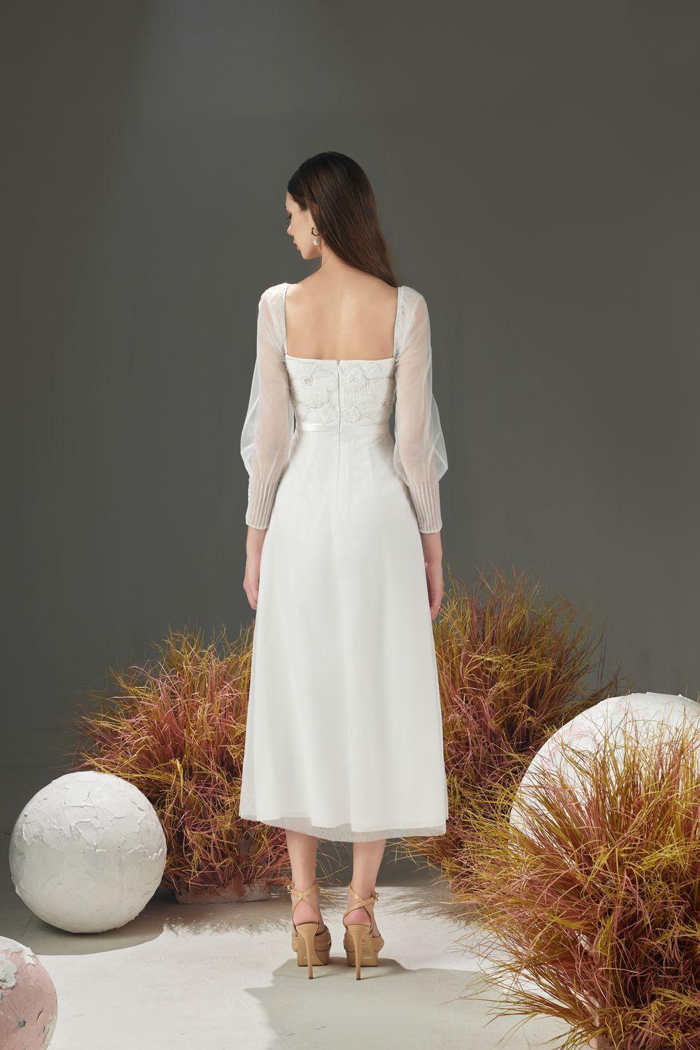 Women's Natalie A-line Square Neck Organza Midi Dress XS/S/M/L/XL White