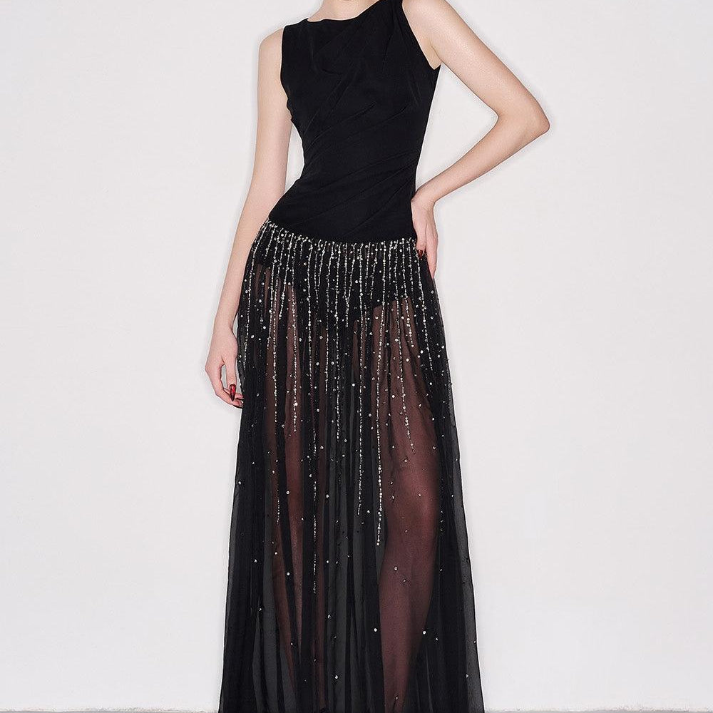 Nataly A-line Boat Neck Organza Crepe Floor Length Dress - MEAN BLVD