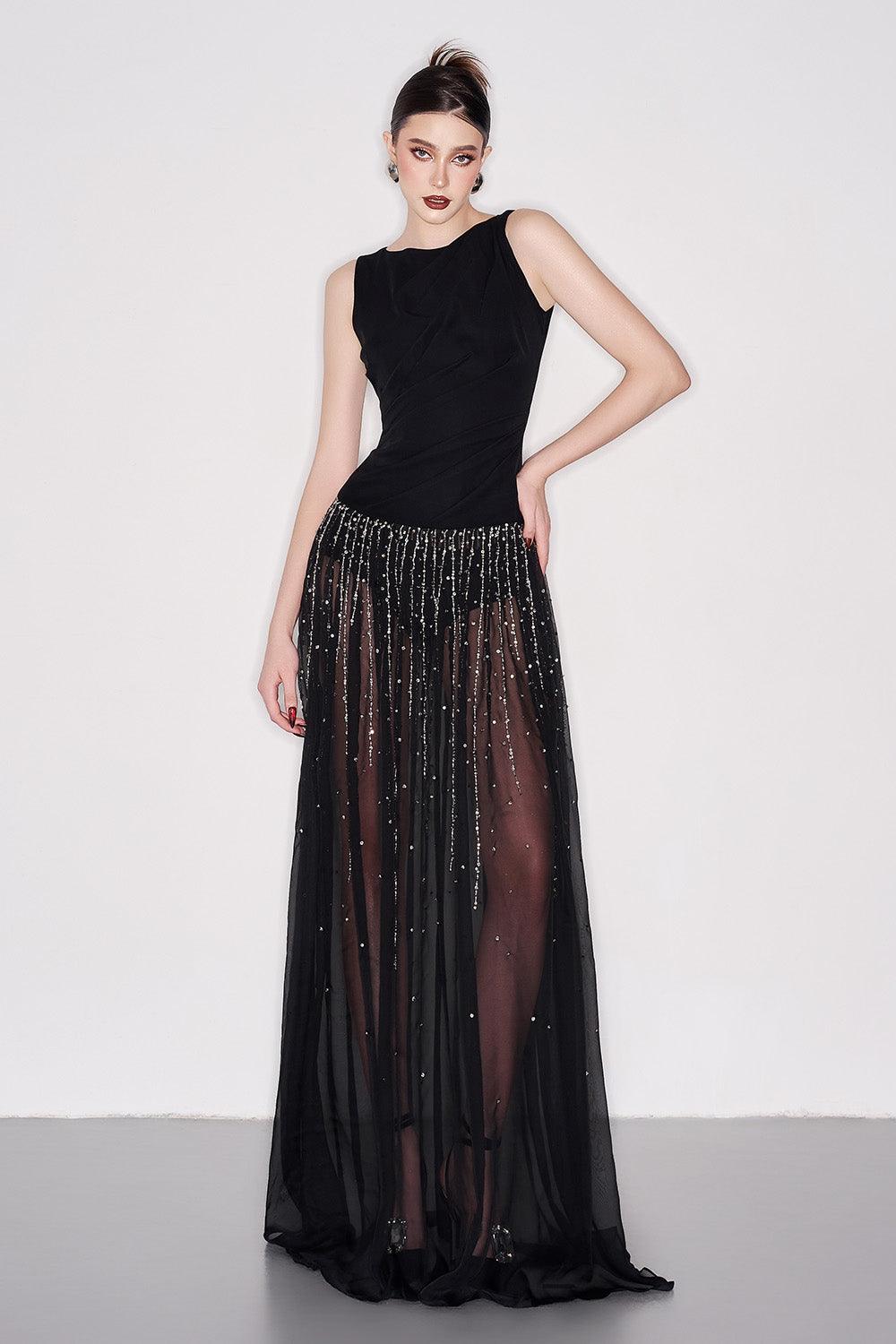 Nataly A-line Boat Neck Organza Crepe Floor Length Dress