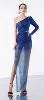 Nathalie Slit Asymmetric Sleeved Sequin Floor Length Dress - MEAN BLVD