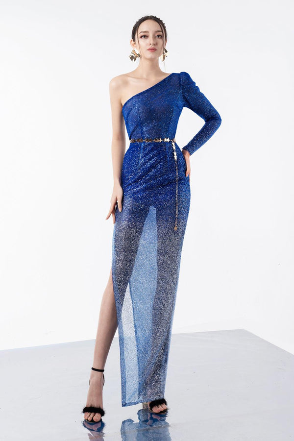 Nathalie Slit Asymmetric Sleeved Sequin Floor Length Dress - MEAN BLVD