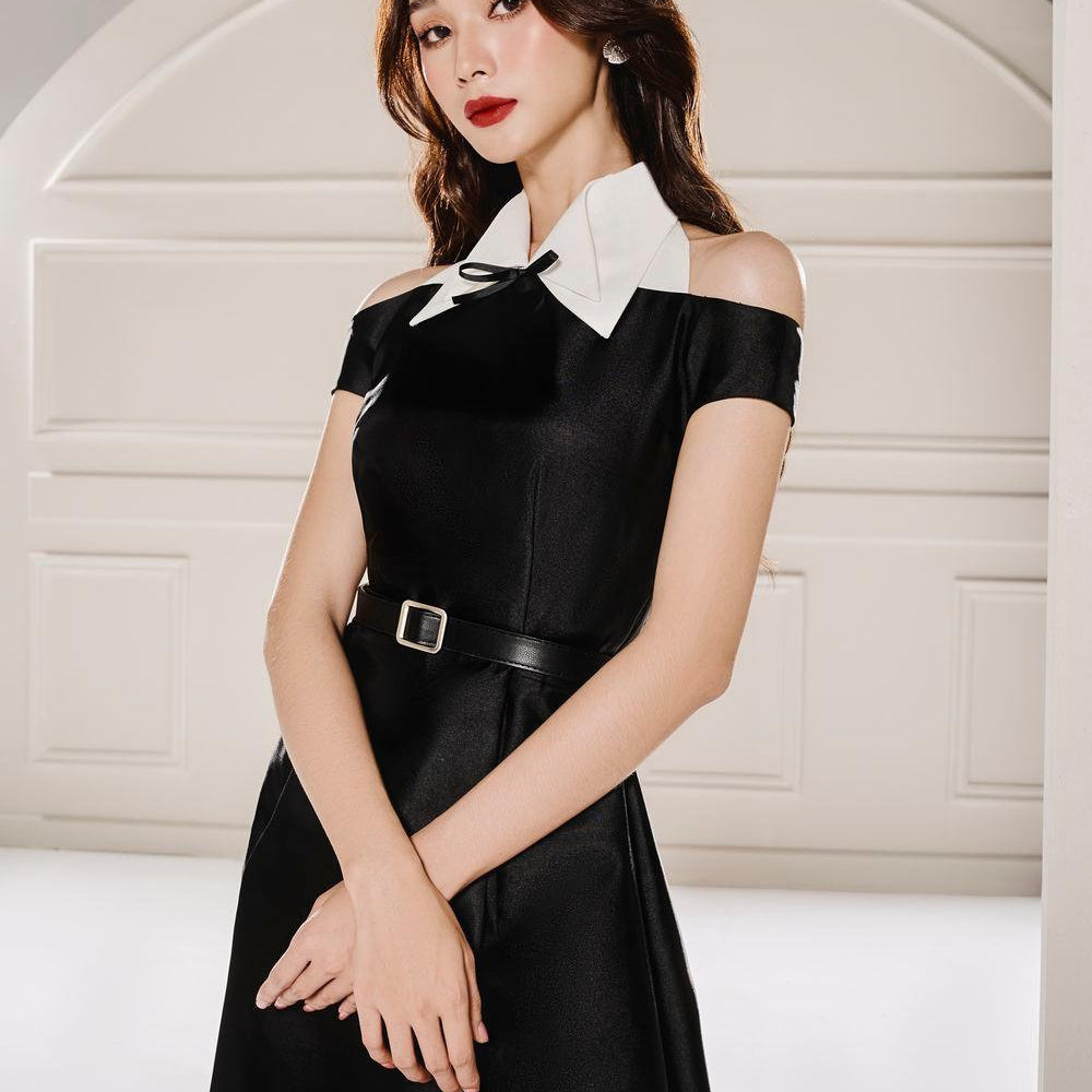Nemo Fit and Flare Cold Shoulder Sleeved Taffeta Midi Dress - MEAN BLVD