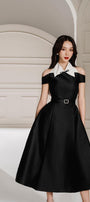 Nemo Fit and Flare Cold Shoulder Sleeved Taffeta Midi Dress - MEAN BLVD