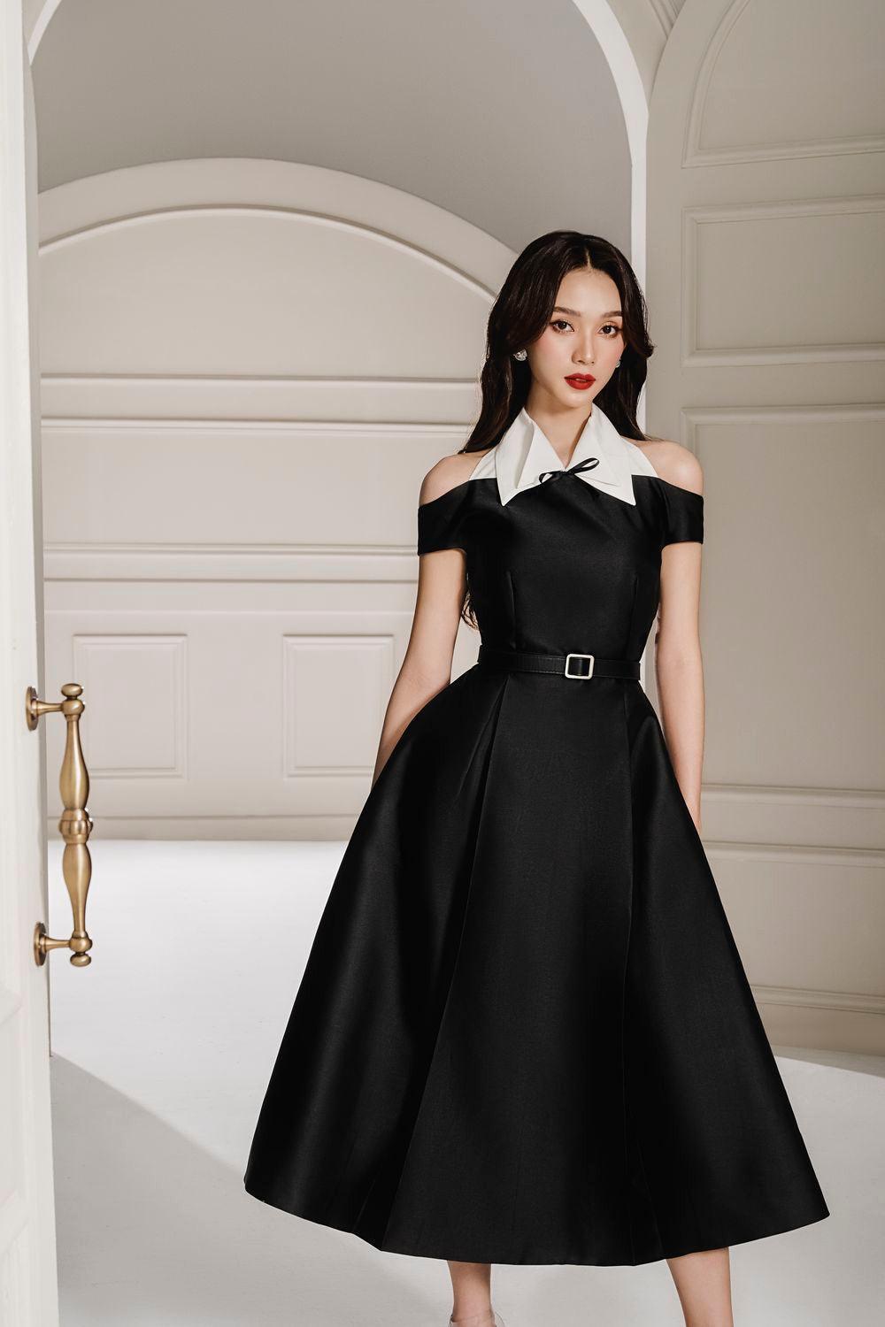 Women's Nemo Fit and Flare Cold Shoulder Sleeved Taffeta Midi Dress S/M/L/Customize Black MEAN BLVD