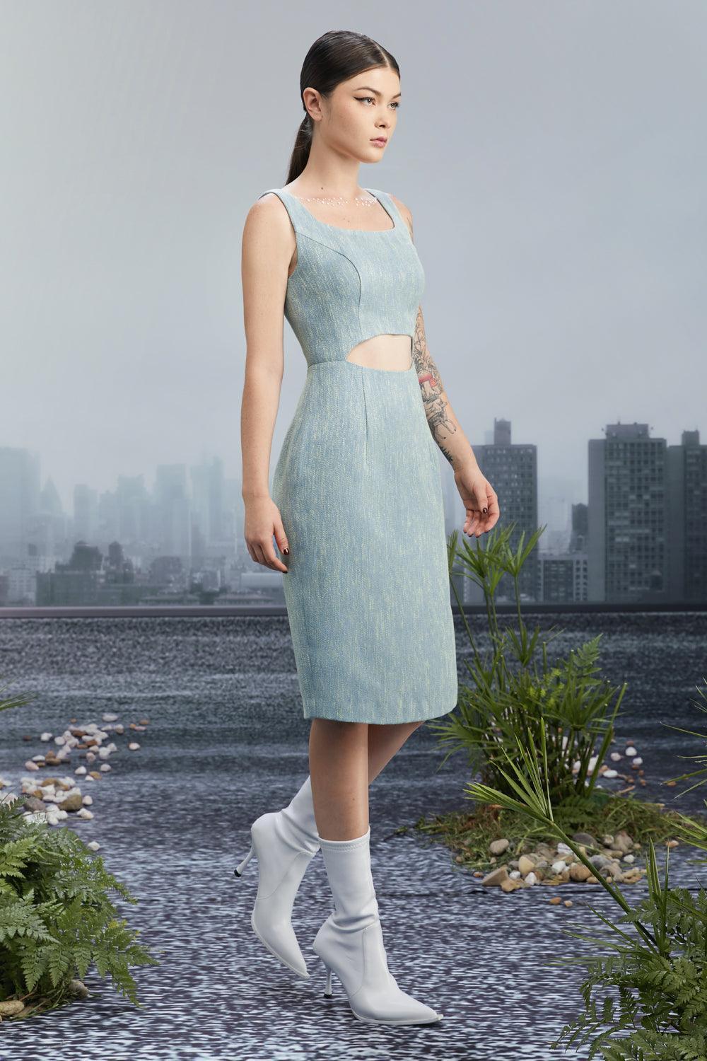 New Vintage Pencil Square Neck Tweed Knee-length Dress