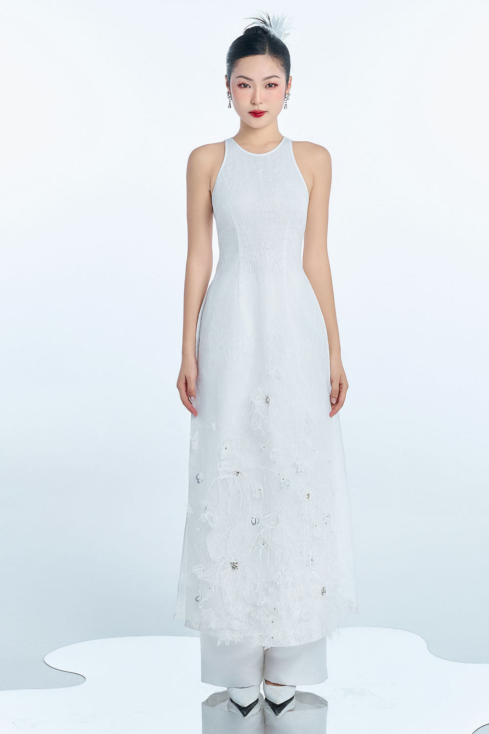 Aphrodite A-line Flower Applique Taffeta Floor Length Ao Dai Set