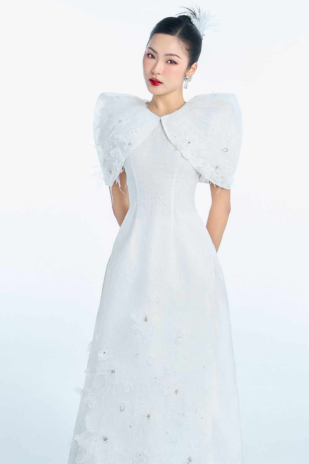 Aphrodite A-line Flower Applique Taffeta Floor Length Ao Dai Set