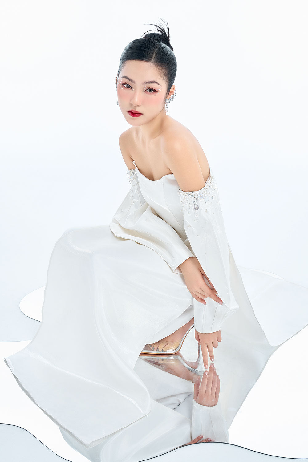 Athena A-line Off-Shoulder Taffeta Floor Length Ao Dai Set