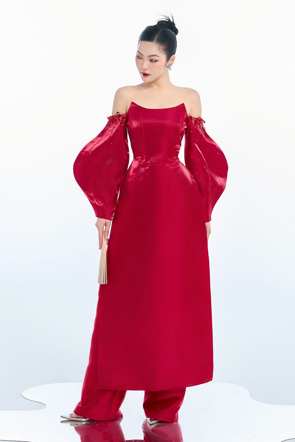 Athena A-line Off-Shoulder Taffeta Floor Length Ao Dai Set