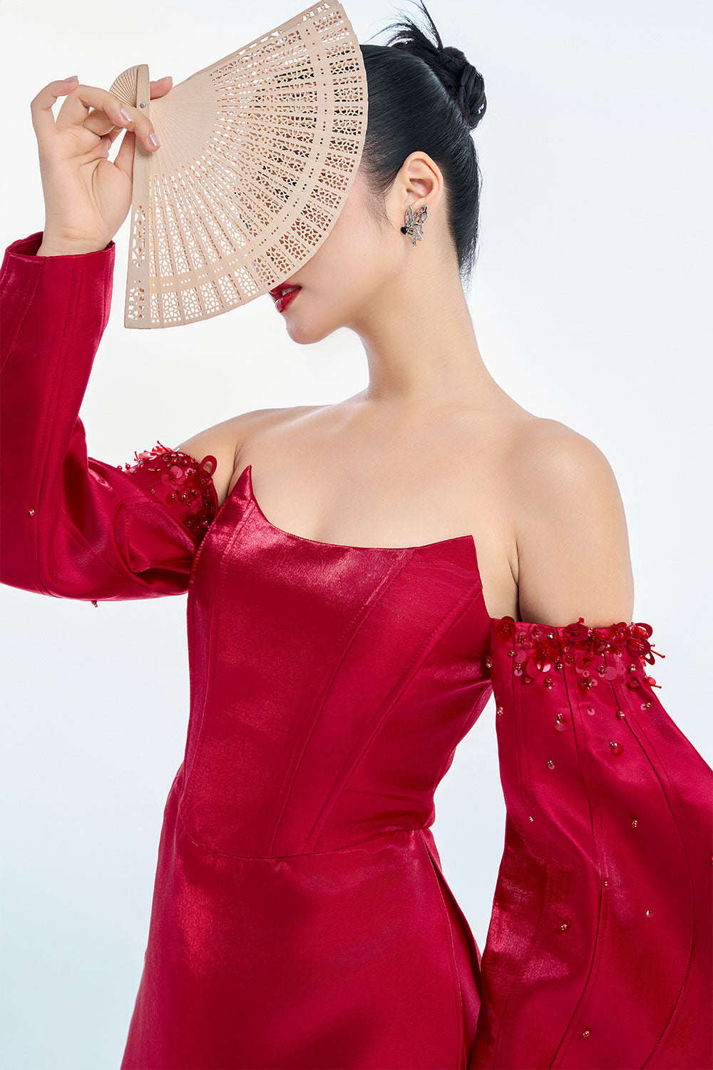 Athena A-line Off-Shoulder Taffeta Floor Length Ao Dai Set