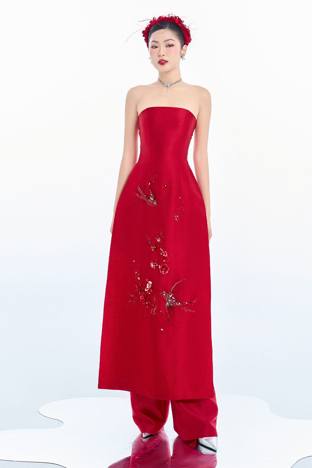 Hestia A-line Cape Shoulder Taffeta Floor Length Ao Dai Set