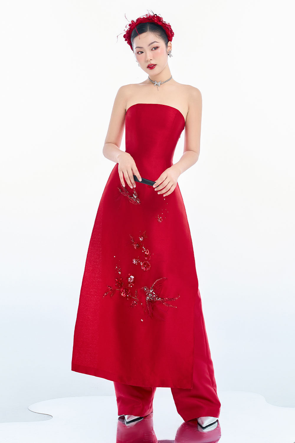 Hestia A-line Cape Shoulder Taffeta Floor Length Ao Dai Set