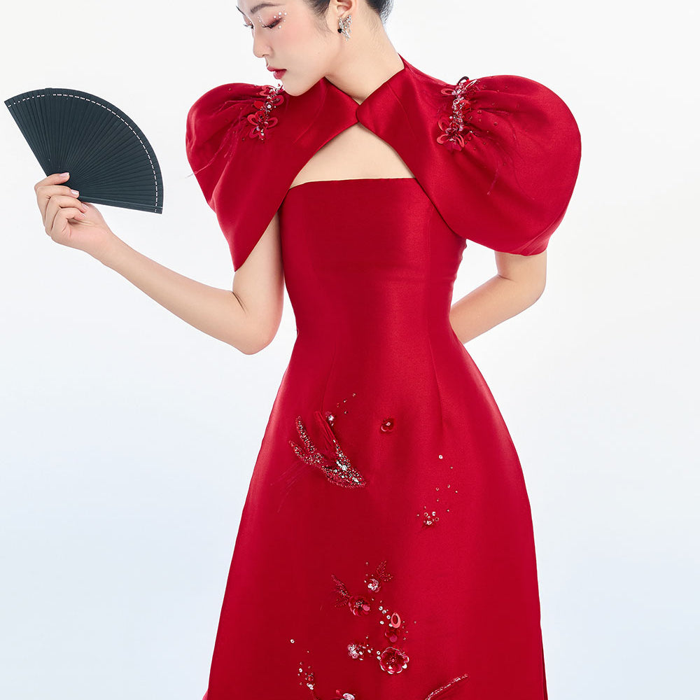 Hestia A-line Cape Shoulder Taffeta Floor Length Ao Dai Set