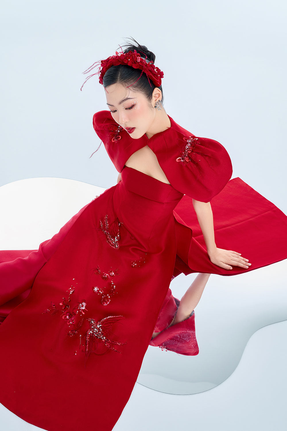 Hestia A-line Cape Shoulder Taffeta Floor Length Ao Dai Set