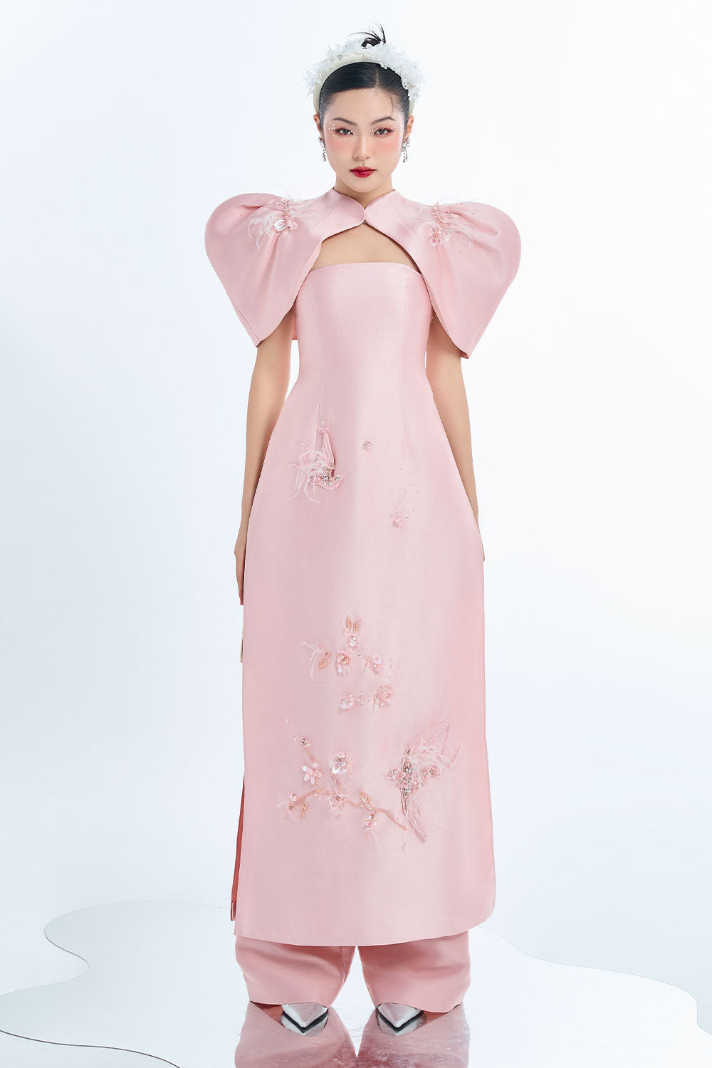 Hestia A-line Cape Shoulder Taffeta Floor Length Ao Dai Set