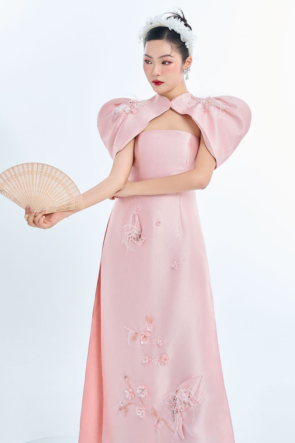 Hestia A-line Cape Shoulder Taffeta Floor Length Ao Dai Set