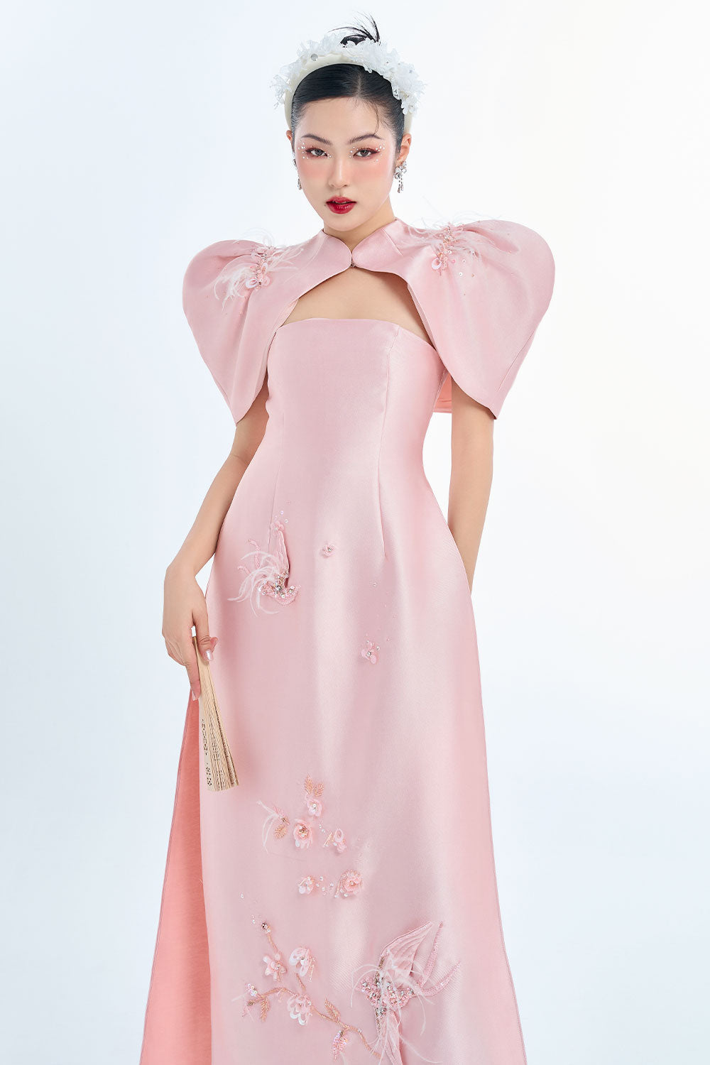 Hestia A-line Cape Shoulder Taffeta Floor Length Ao Dai Set