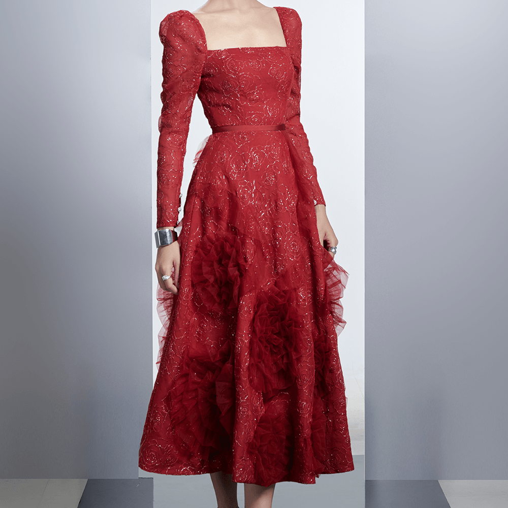 Rosewood Fit and Flare Flower Applique Polyester Midi Dress