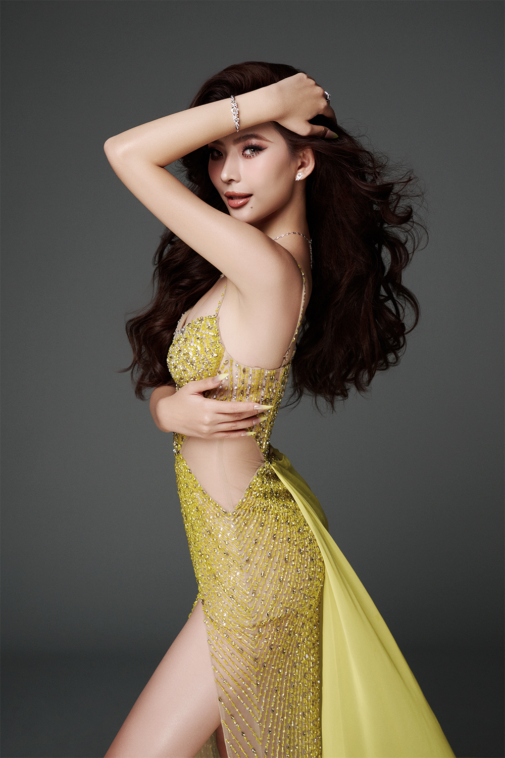 Paola Slit Cut-Out Mesh Floor Length Dress