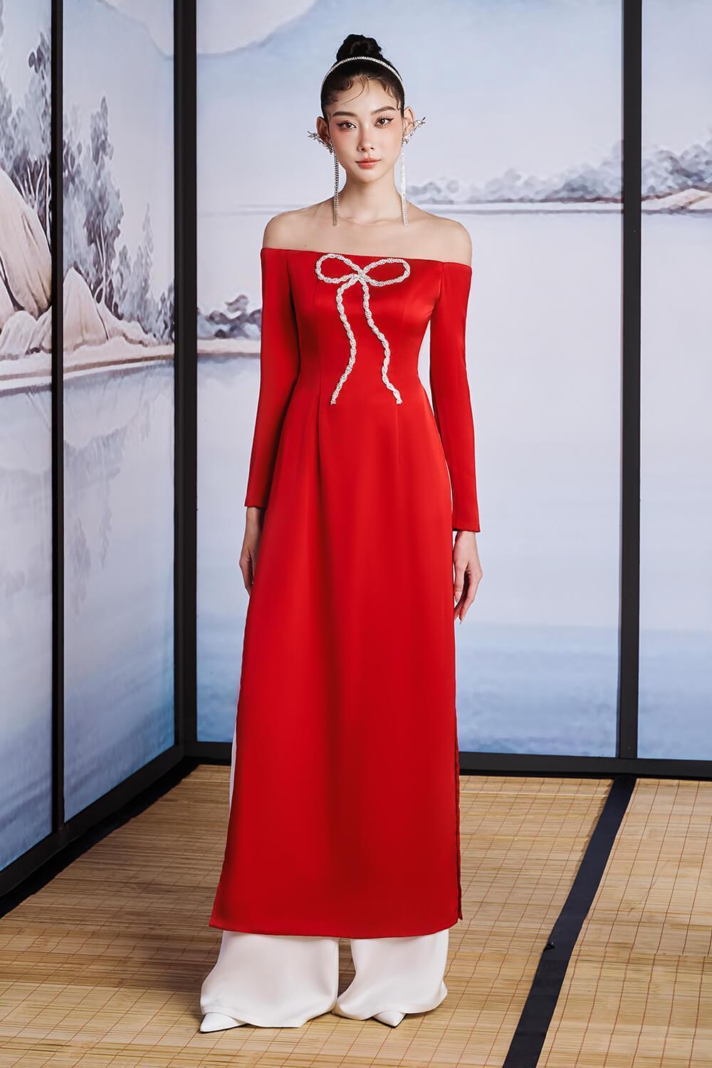 Ngoc Tran A-line Stone Silk Satin Ankle Length Ao Dai - MEAN BLVD