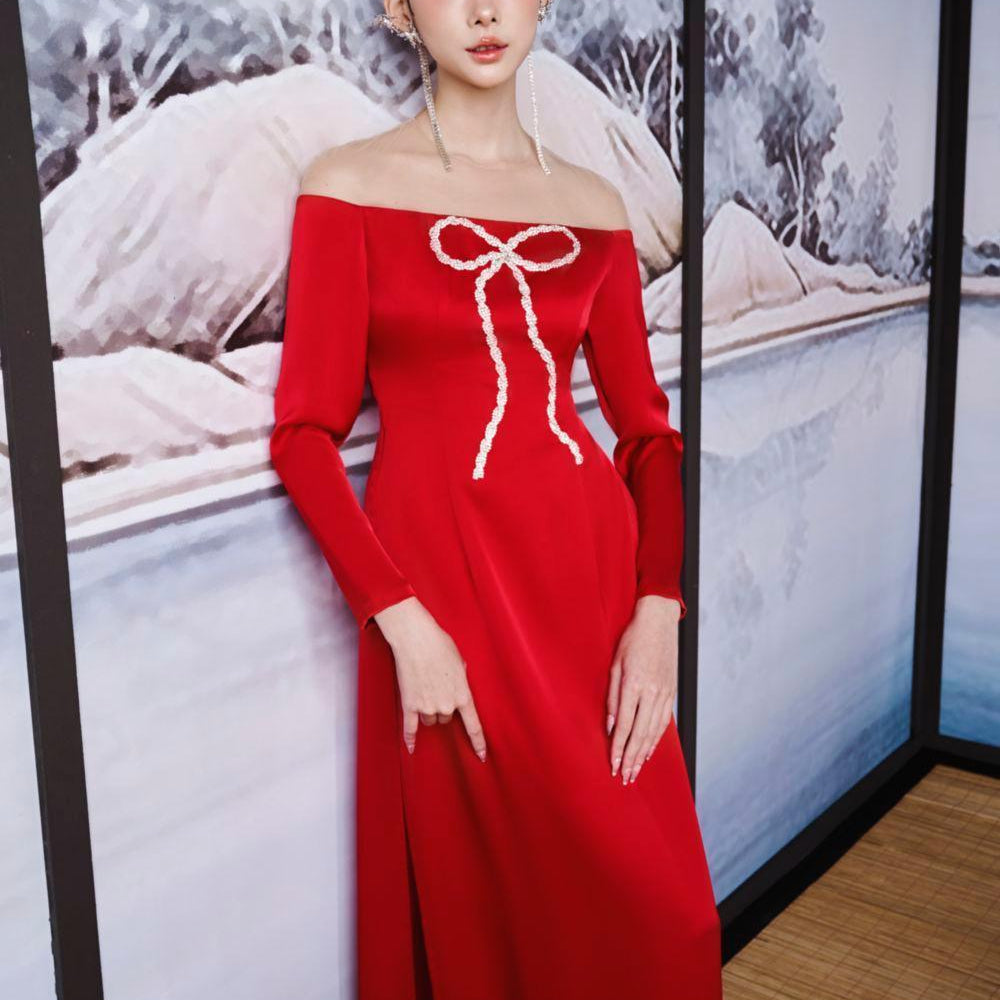 Ngoc Tran A-line Stone Silk Satin Ankle Length Ao Dai - MEAN BLVD