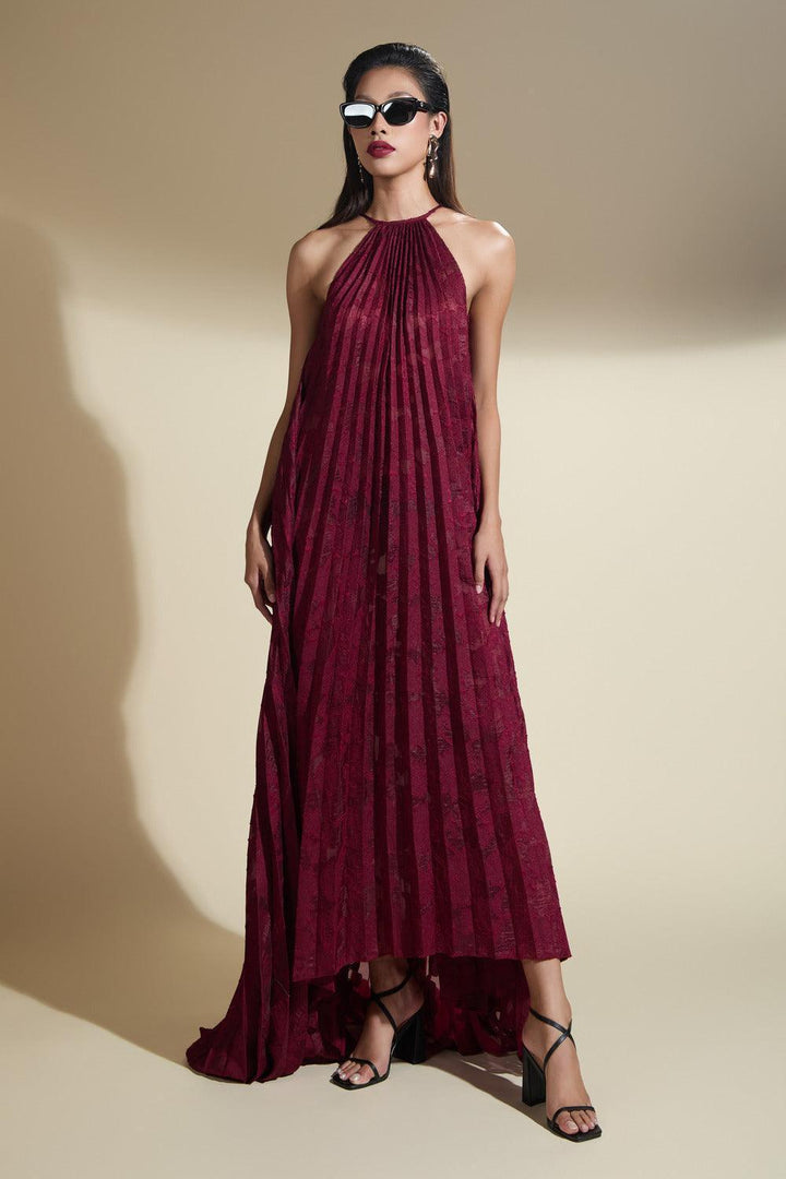 Nicole Halter Pleated Brocade Maxi Dress - MEAN BLVD