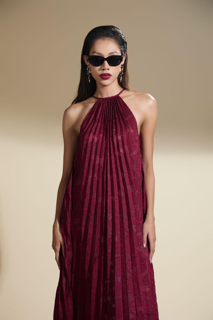 Nicole Halter Pleated Brocade Maxi Dress - MEAN BLVD