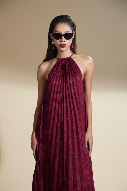 Nicole Halter Pleated Brocade Maxi Dress - MEAN BLVD