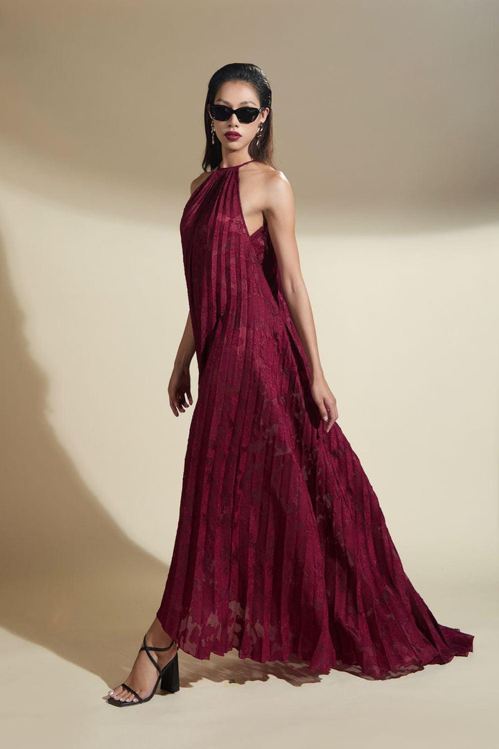 Nicole Halter Pleated Brocade Maxi Dress - MEAN BLVD