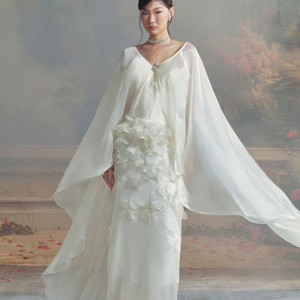 Nicolette A-line Cape Sleeved Chiffon Floor Length Dress - MEAN BLVD