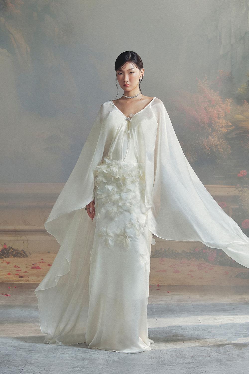 Women's Nicolette A-Line Cape Sleeved Chiffon Floor Length Dress XS/XS/S/M/L/XL/Customize Ivory White Mean Blvd Ivory White / Customize