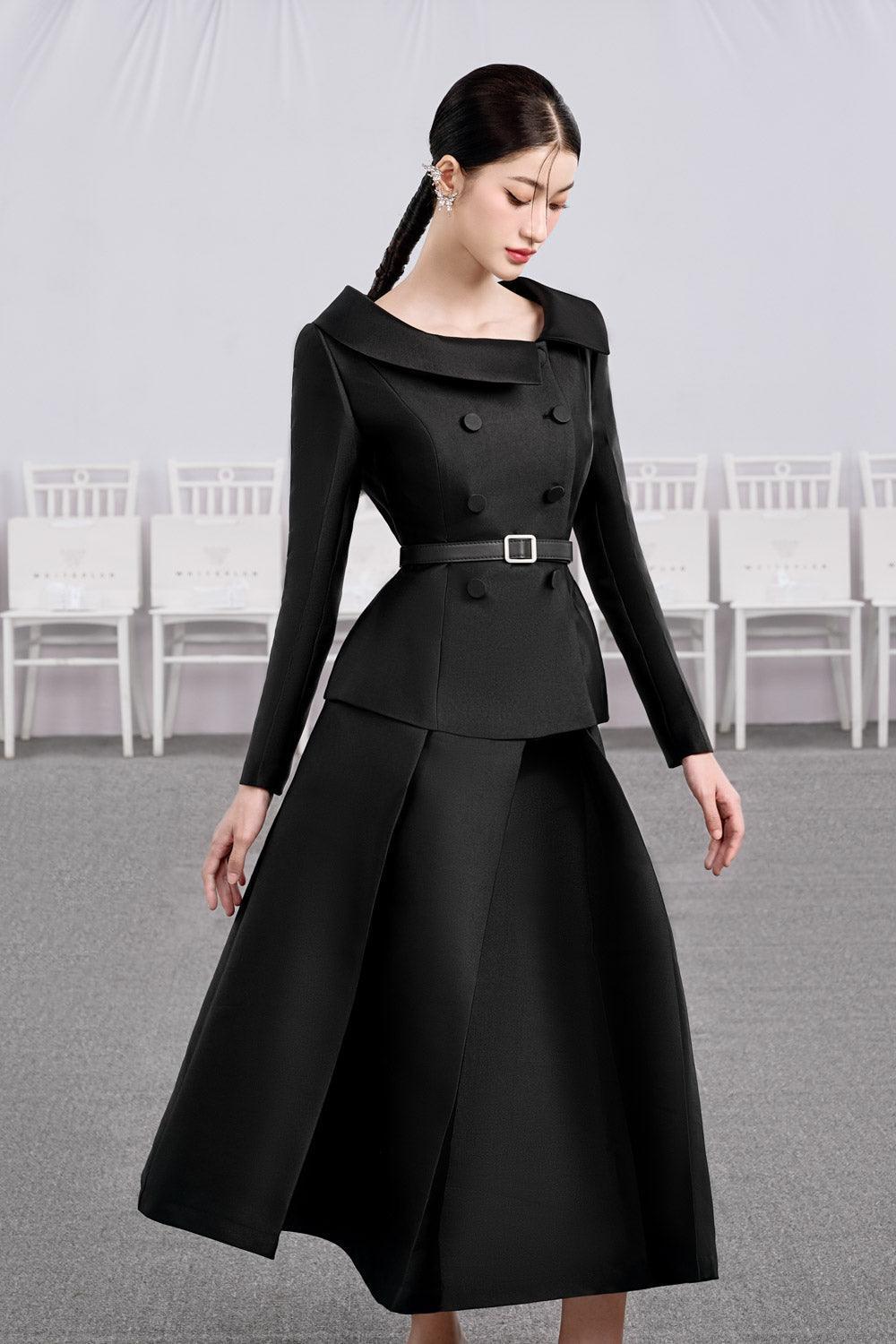 Women's Night Fit and Flare Asymmetric Neck Taffeta Midi Set S/M/L/Customize Black Mean Blvd Customize / Black