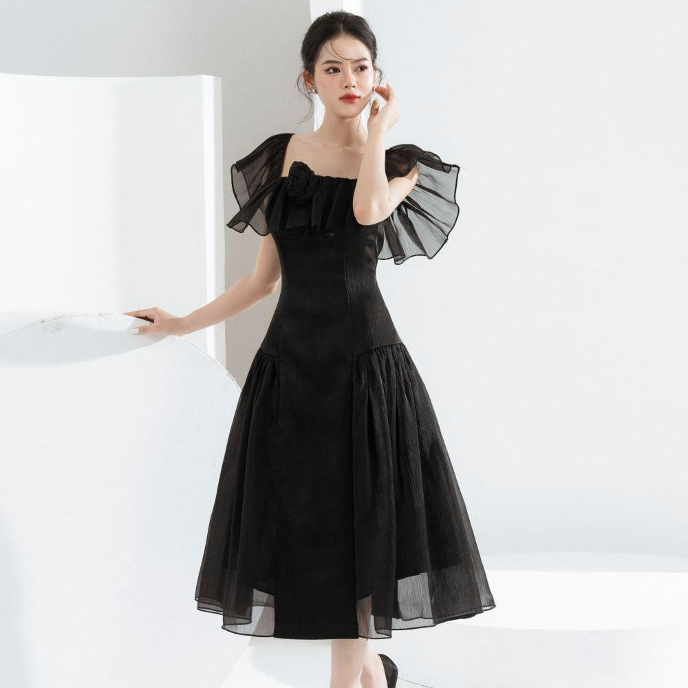 Nikita A-line Square Neck Chiffon Midi Dress - MEAN BLVD