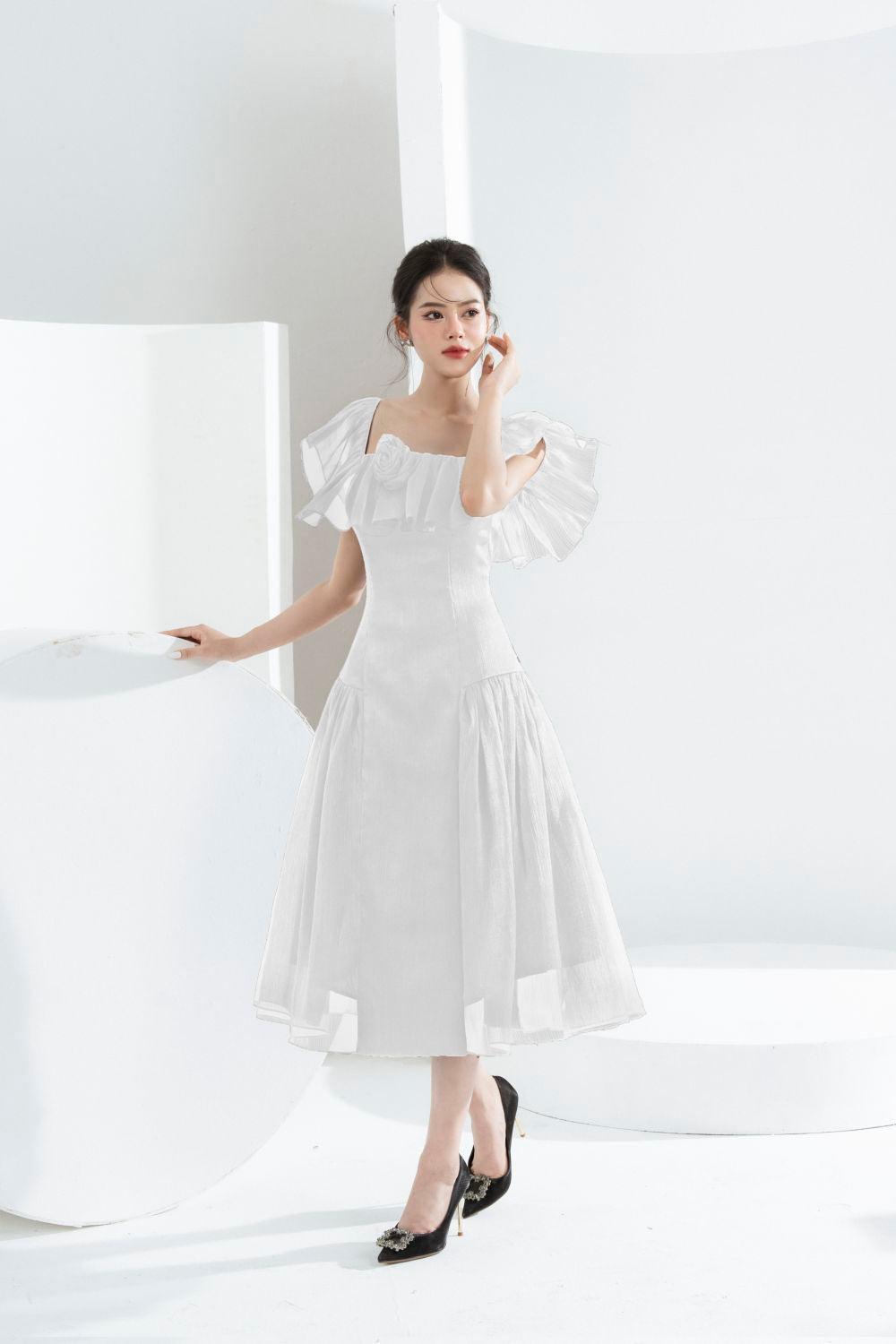 Nikita A-line Square Neck Chiffon Midi Dress - MEAN BLVD